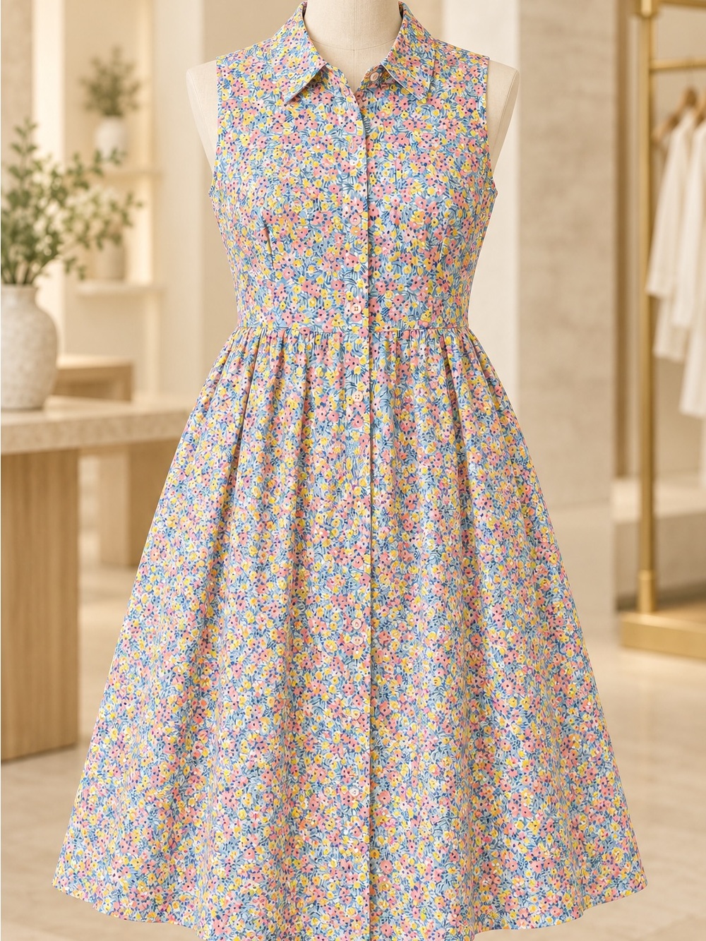 Meet me in Santorini Sleeveless Floral Shirtwaist Dress in Pastel Multicolor New